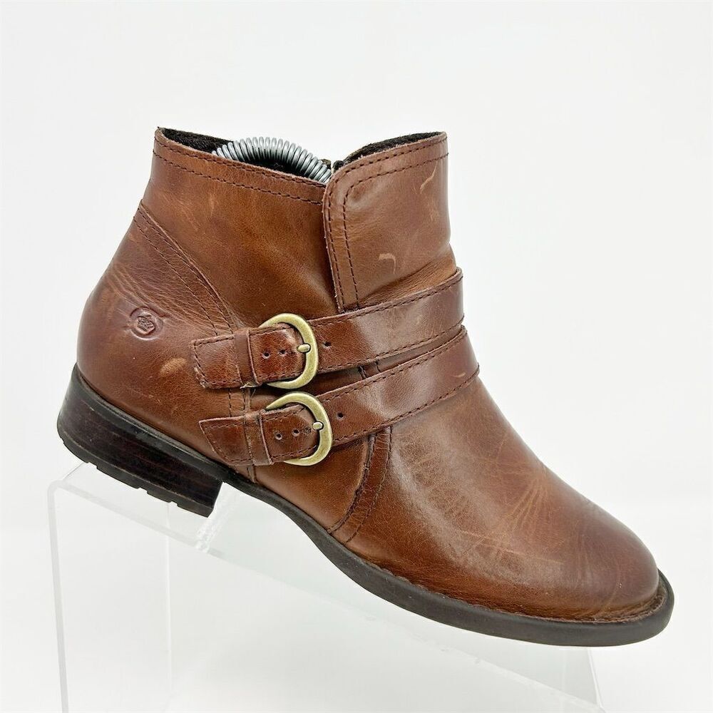 Born Women's Ankle Bootie Brown Leather Size 7.5M Double Buckle Casual
